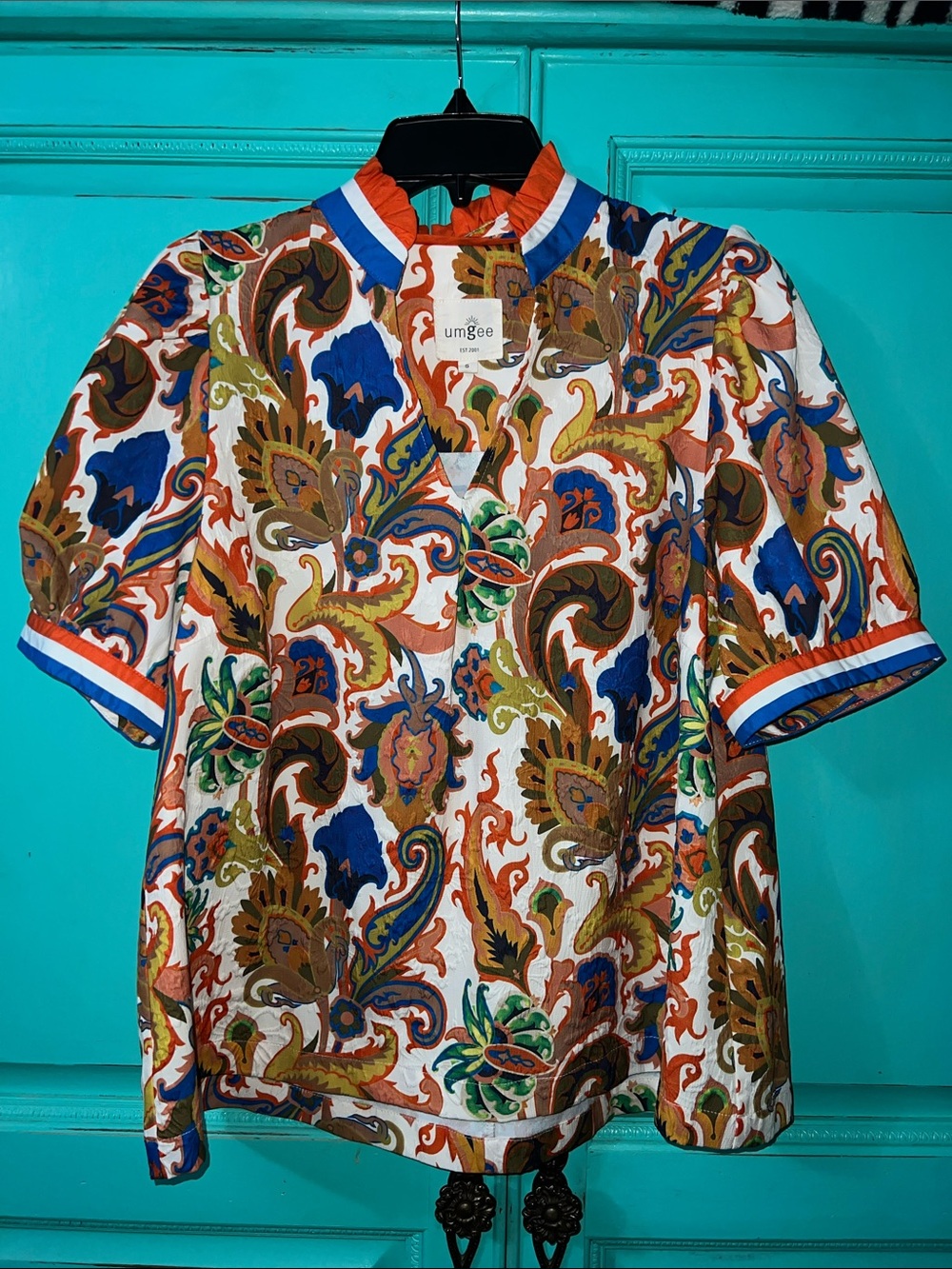 Umgee Multicolor Paisley Polo with Blue-Orange Trim